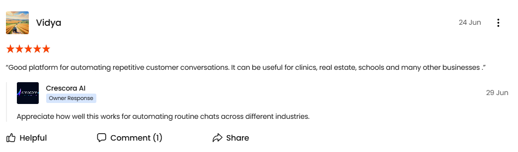 Public Justdial review screenshot for Crescora.ai from Vidya.